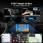 3-in-1 Wireless Carplay Adapter Magic AI Box with YouTube TikTok APPs Upgrade Wired Car Play to Wireless Support USB Drive for iPhone 10+ and Android 13+