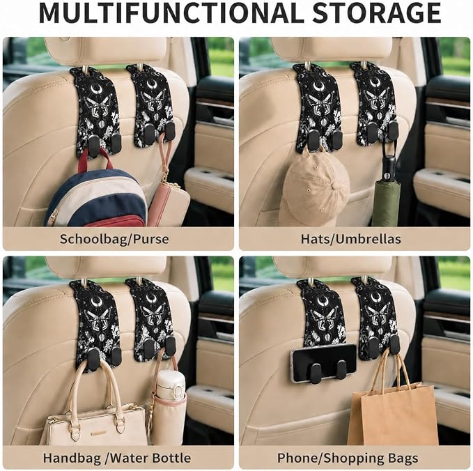 Cute Moon Phase Moth Car Seat Back Storage Headrest Hooks for Purses & Bags – 2PCS PU Leather Dual Metal Hooks, Backseat Organizer Accessories