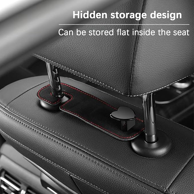 2PCS Car Seat Headrest Hook, Suede Leather Heart Hanger, Black | 1.77x6.42 Inch, Universal fit, most Sedans/SUVs/Trucks, alloy core, half-open mount, interior accessories