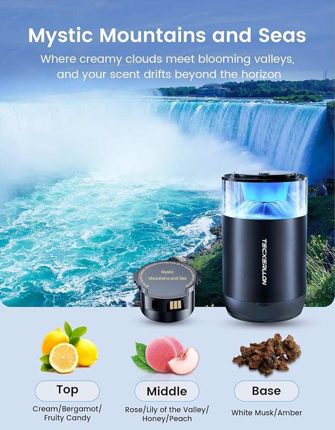 Smart Car Air Freshener Diffuser with Ambient Light, Oil Level Indicator, 2 Scent Refills, Auto On/Off, 4 Mist Modes, 1600 Sprays Rechargeable Aroma Diffuser for Car, Home, Office, Bedroom