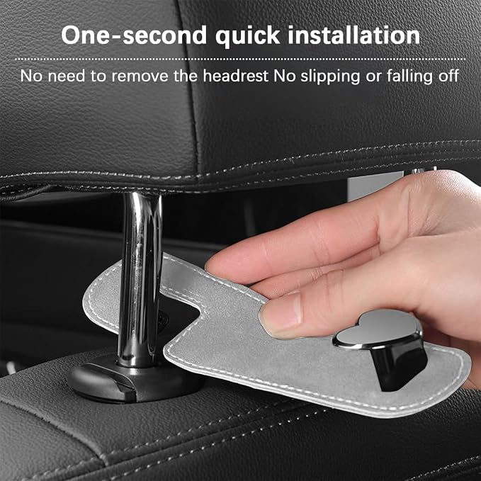 2PCS Car Seat Headrest Hook, Suede Leather Heart Hanger, Gray | 1.77x6.42 Inch, Universal fit, most Sedans/SUVs/Trucks, alloy core, half-open mount, interior accessories