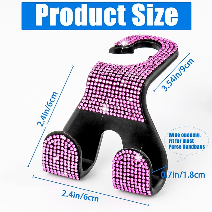Bling Car Purse Hooks 2Pcs, Durable Car Headrest Hook, Holds 44Lbs, Double-Hooks, Wide-Opening, Rhinestone Automobile Purse Hangers Holder, Bling Car Accessories for Women, Pink