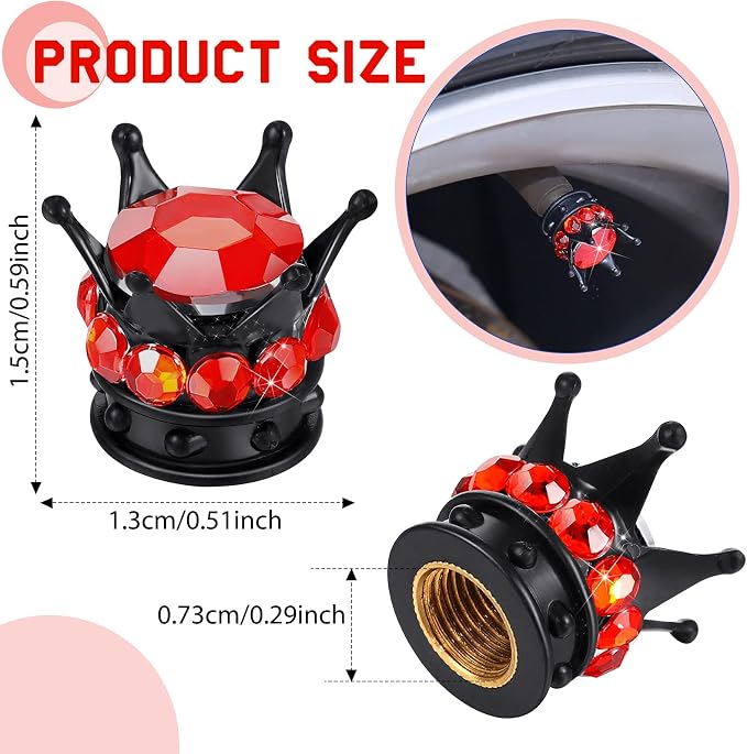 4 Pieces Crown Tire Valve Stem Caps Bling Handmade Crystal Rhinestone Universal Chrome Crown Vehicle Car Tire Caps Covers, Attractive Accessories for Car (Red and Black)