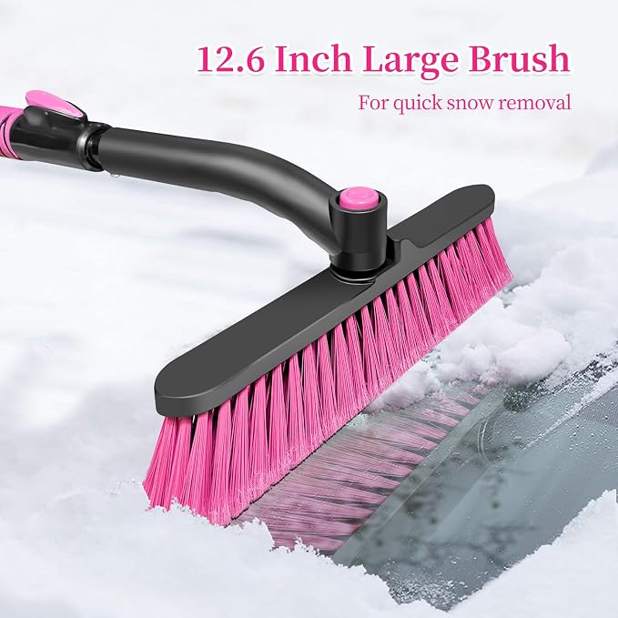 51 Inch Snow Brush for Trucks, Extendable Long Handle Ice Scraper with Brush with Foam Grip, SUV Heavy Duty Snow Brush with Ice Scraper for Car Auto RV Vehicle Windshield Window - Pink
