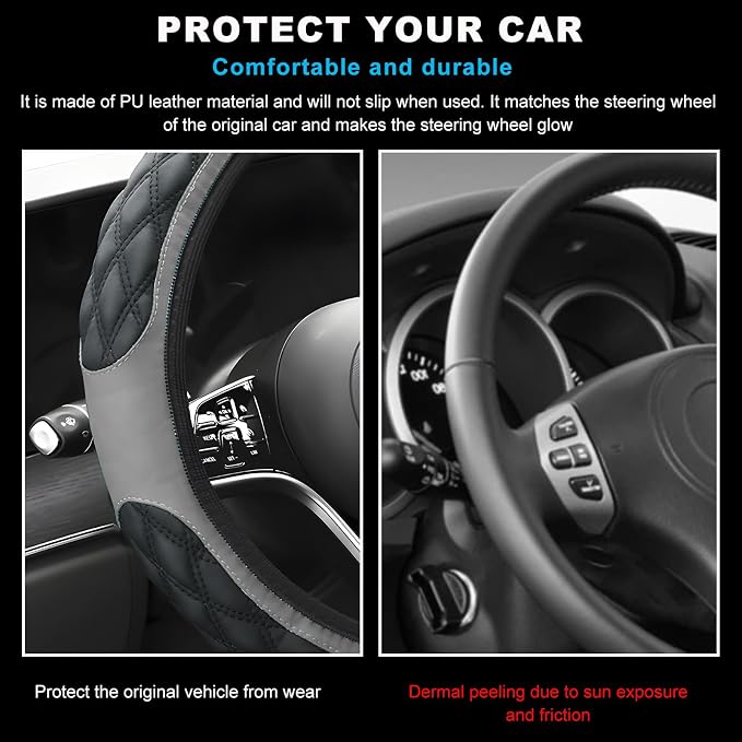 Car Steering Wheel Cover, 15 Inches Non-Slip Leather Steering Wheel Protector, Universal Soft Cover Mats for Car Truck SUV, Interior Car Accessories (Gray)