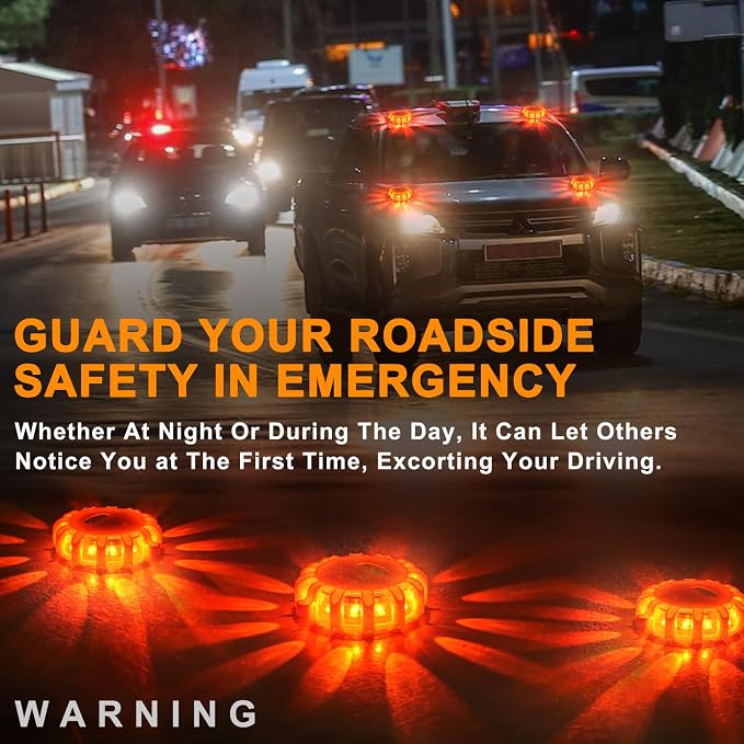 USB Rechargeable LED Road Flares Emergency Lights with Magnetic Base, 9 Strobe Options Roadside Emergency Warning Car Safety Beacon Flashing Disc Flare Kit for Vehicles & Boat (Orange Lights, 3 Pack)