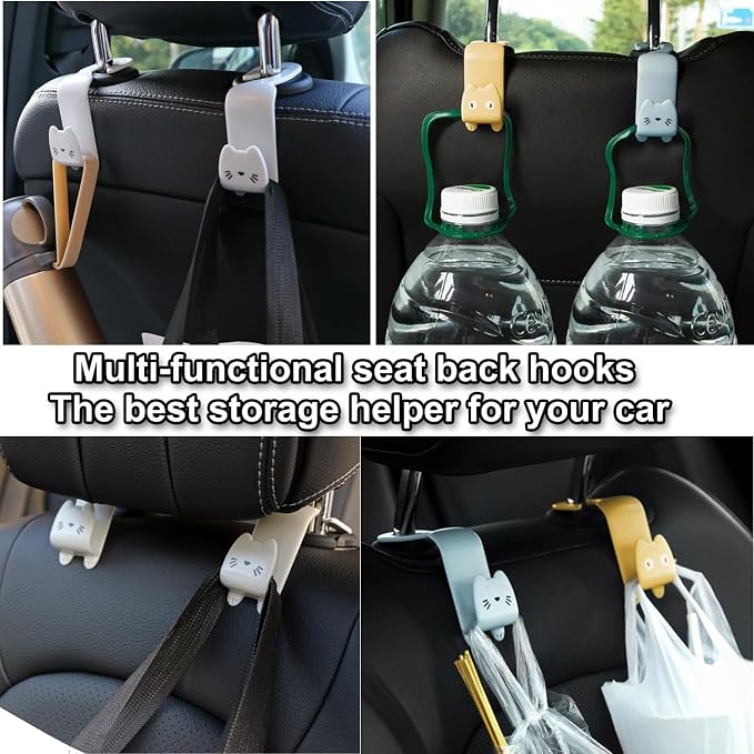 Light Grey Cute Cat Car Seat Headrest Hooks, 2 Pack 360 Rotation Universal Car Purse Hook with Phone Holder, 44LBS Heavy Duty Vehicle Hanger for Bags Coats Groceries