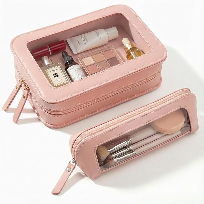 2Pack Clear Makeup Bags Set, Clear Travel Makeup Brush Holder, Portable Leather Travel Toiletry Bag Pink Car Accessories for Women