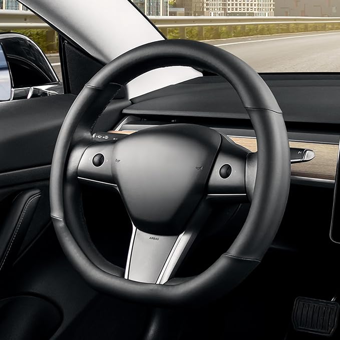 Flat Bottom Steering Wheel Cover, D Shaped Car Wheel Cover 14 1/2-15 in. (37-39 cm), Black Microfiber Leather