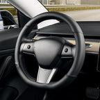 Flat Bottom Steering Wheel Cover, D Shaped Car Wheel Cover 14 1/2-15 in. (37-39 cm), Black Microfiber Leather
