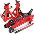 DNA Motoring 2 Ton Car Jack and Stands Kit 2T(4000 lbs) Capacity Low Profile Hydraulic Trolley Service/Floor Jack with 2 Ratchet Stands Combo for Home Garage Shop, Red, TOOLS-00476-RD