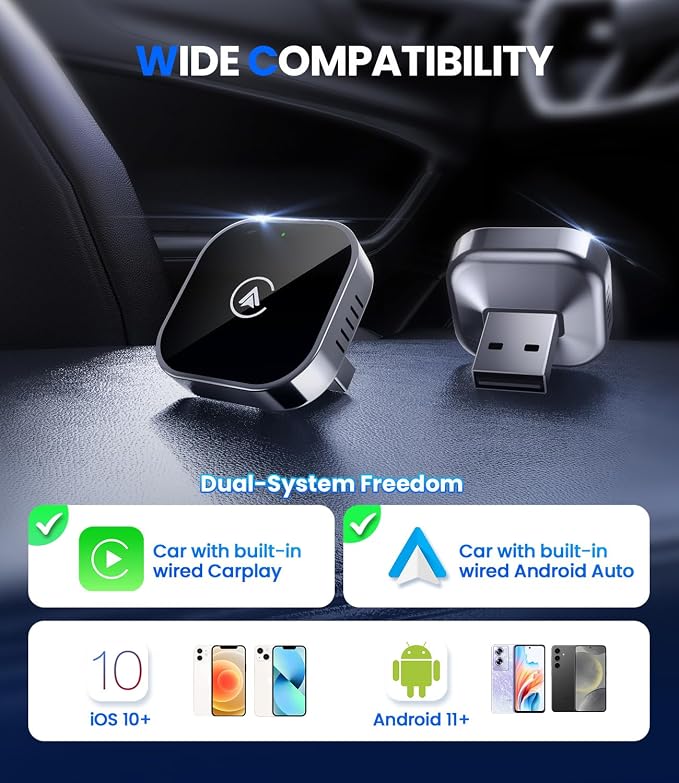 Teeran 2 in 1 Wireless CarPlay and Android Auto Adapter, Easy Setup Plug and Play, Fast Seamless Use Supports 1000+ Cars with Built-in Wired Car Play/Android Auto Compact Sleek Design Car Adapter