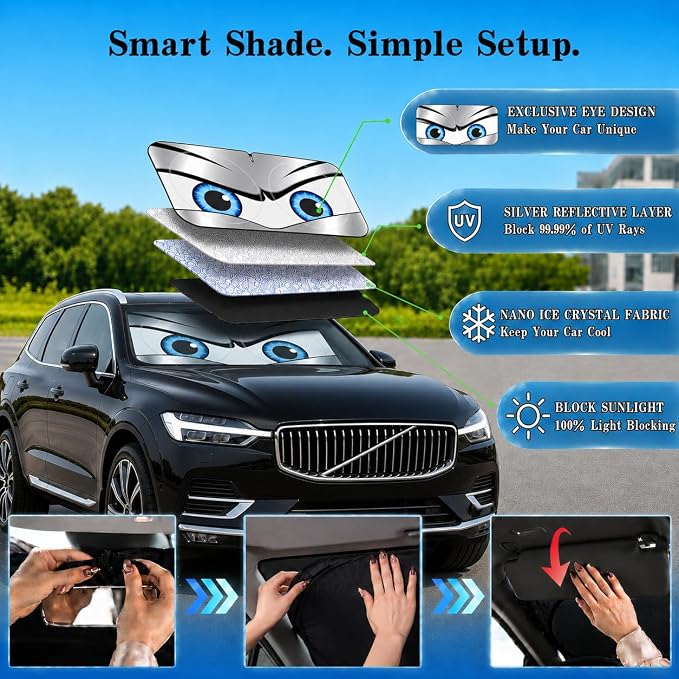 Car Windshield Sun Shade, Universal Fit Midsized Sedan SUV, Sporty Silver | 63 x 31.5" Windshield Cover, Foldable Front Window Sunshade, UV Heat Protection, Cute Eyes Series