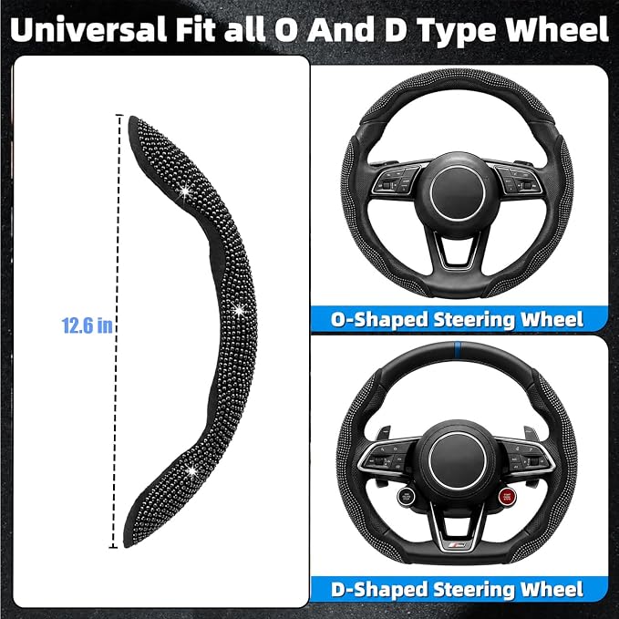 Bling Steering Wheel Cover for Women, 3PCS Crystal Rhinestone Car Steering Wheel Protector Covers, Sparkly Decoration for Most Steering Wheels, Bling Car Interior Accessories (Black Diamond)