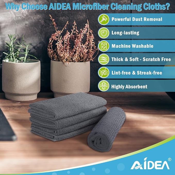 AIDEA Microfiber Cleaning Cloth Grey-50PK, Soft Absorbent Rags, Microfiber Towels for Cars, Kitchen Towels, Dusting Cloth for Home, Window, Cleaning Supplies, 12"×12"