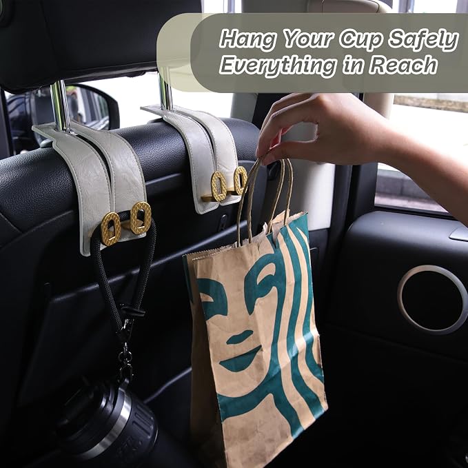 Car Headrest Hooks Universal Car Purse Hook Premium Leather and Alloy Twin Hook Car Seat Back Storage Hanger Hook for Purse Bags Cloth Drink Durable Holder Car Accessories (BH09-White-Gold-4 Pcs)
