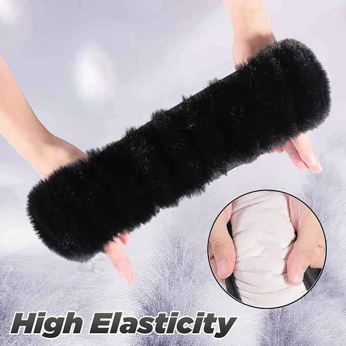 Furry Car Steering Wheel Cover with Fluffy Gear Shift Cover Soft Warm Non-Slip Car Decoration for Men Women Girls 2 PCS Set, Black