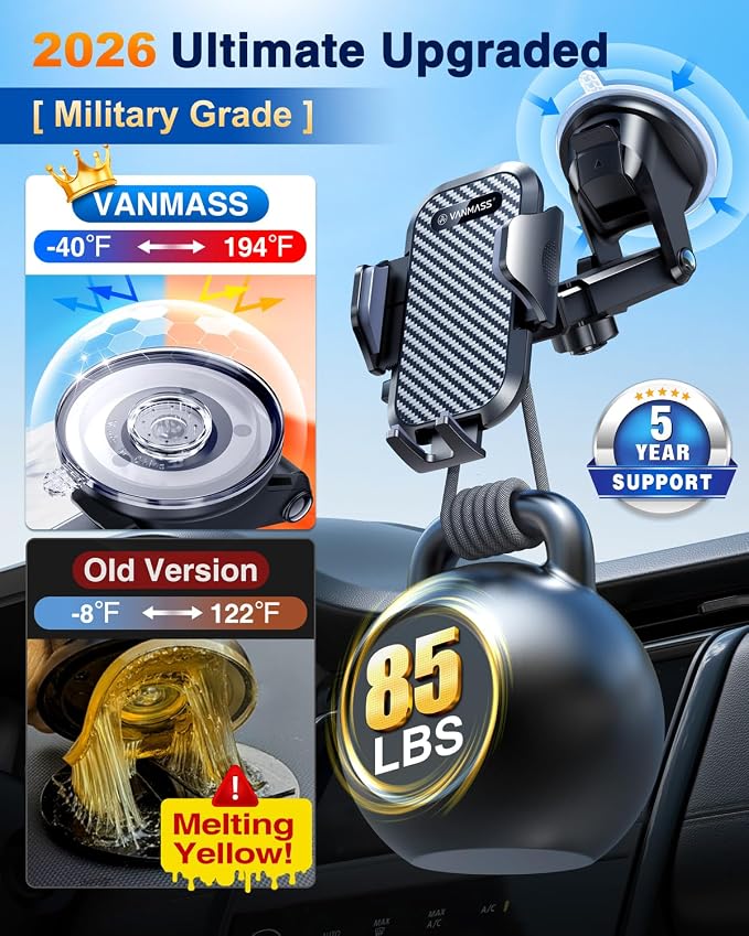 Car Phone Holder 2026 Ultimate Military-Grade Strongest Suction & Clip Windshield Dashboard【Newest Best Strongest】Cell Phone Shower & Wall Mounts for iPhone 17 Pro Max 16 15 14 13 Android