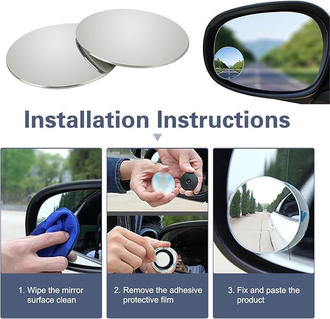 2 Pack Blind Spot Mirror， 2" Round Frameless HD Convex Blind Spot Mirrors, 360° Adjustable Wide Angle Rearview Mirrors with Swivel Rod, Universal Fit for Cars, SUVs, Trucks