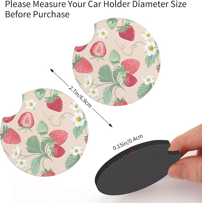 Strawberry Flowers 3-Pc Car Set : Steering Wheel Cover + 2 Pc Car Coasters | Cute neoprene Non-Slip Breathable Elasticity Universal for 14-15 Inch for Women