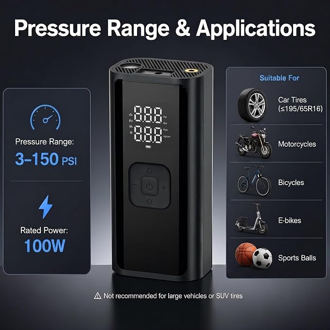 Tire Inflator Portable Air Compressor, 150 PSI 12V DC Corded Car Air Pump with Auto Shut-Off, Digital Display, LED Emergency Light, 3m Power Cord for Car, Motorcycle, Bike, Balls