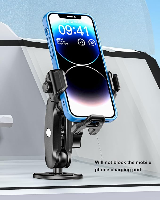 Anti-Theft Phone Mount Holder with Vibration Dampener, 1s Locking | Don't Block Camera, with Aluminum Round Base & Medium Arm, for Car Boat Truck Motorcycle UTV, Fit 5.4-7.2'' Smartphones