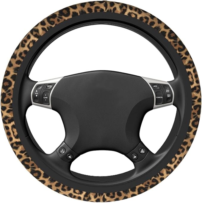 Leopard Pattern Steering Wheel Cover - Cheetah Pattern Steering Wheel Cover Anti-Slip Breathable 15 Inch Universal 2 Pcs Car Interior Cup Holder Pad for Men Women