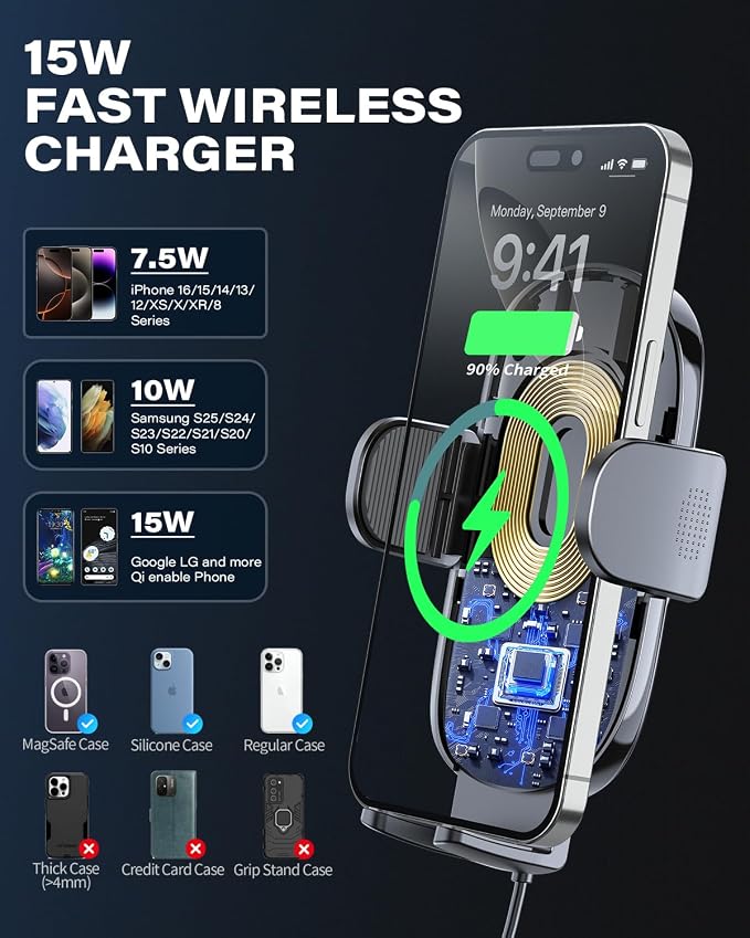 Solid Car Truck Phone Mount Wireless Charger Holder with 14-Inch Gooseneck Long Arm for iPhone 15 Pro Max Plus 14 13 12 11 XS X Samsung S24 Ultra S23 S22 S22 S21 S20 Pixel 9 Pro XL 8 7 6 5 4