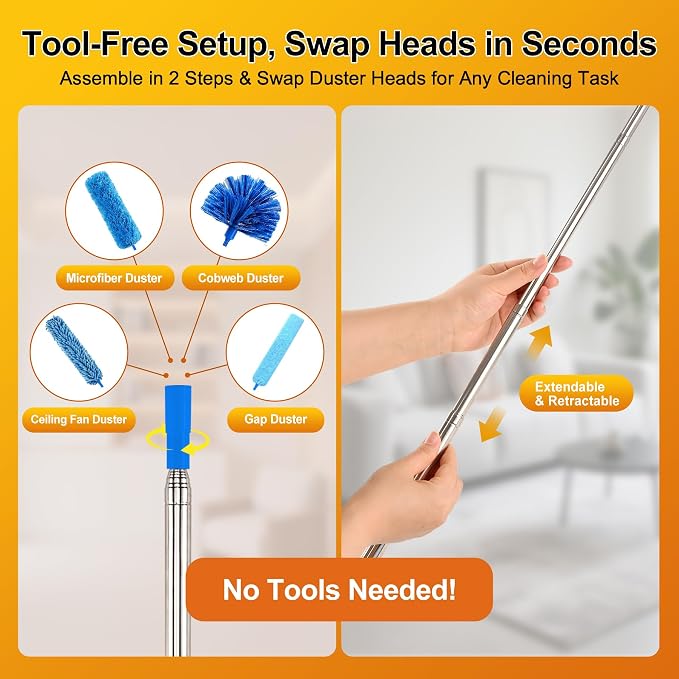 5-in-1 Microfiber Duster Kit with 100” Extension Pole – Reinforced Stainless Steel Telescopic Handle for High Ceiling Fans, Cobwebs & Vents – Multi-Head Dusters for Cleaning with Anti-Spin Pole