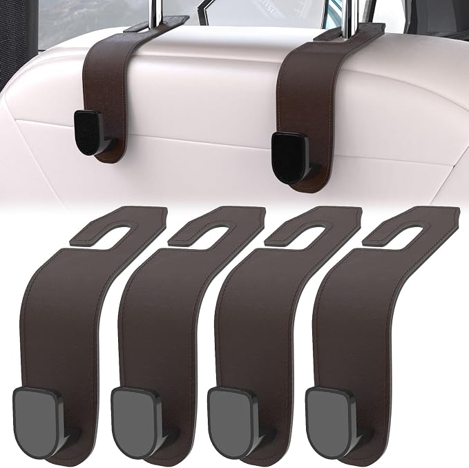 4 Pcs Seat Headrest Hook for Car, Seat Back Hanger Holder Hooks, Hanger Storage Organizer for Purse Bags Coat, Car Interior Accessories Leather Hidden Hook