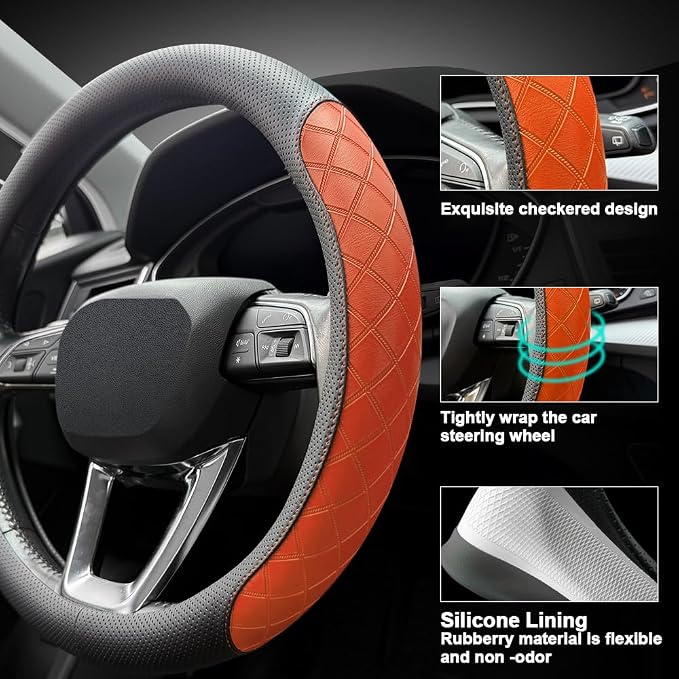 Nappa Leather Steering Wheel Cover, Diamond Checkered Design, Non-Slip wear-Resistant, Enhance Driving Comfort, Suitable for Steering Wheel Diameter 14 1/2‘-15’ Models.Black Orange