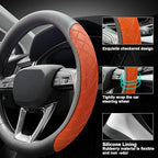 Nappa Leather Steering Wheel Cover, Diamond Checkered Design, Non-Slip wear-Resistant, Enhance Driving Comfort, Suitable for Steering Wheel Diameter 14 1/2‘-15’ Models.Black Orange