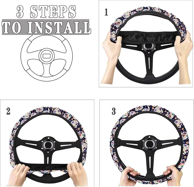 Steering Wheel Cover for Women, Hippie Flower Skull Sweat Absorbing Non-Slip Steering Wheel Protection Case, Machine Washable Elastic Flexible Universal 14 to 15 inch