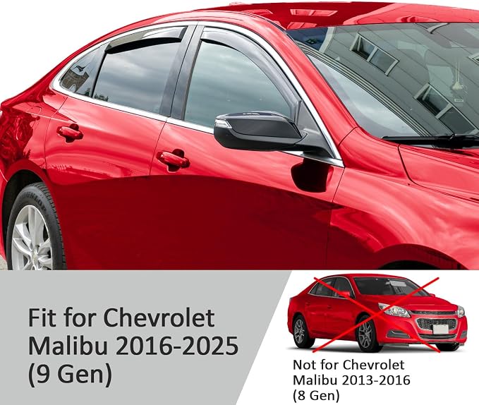 Voron Glass in-Channel Extra Durable Rain Guards for ChevyMalibu 2016-2025, Window Deflectors, Vent Window Visors, 4 Pieces - 220228