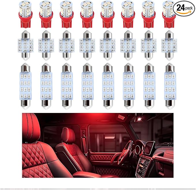 24PCS LED Interior Car Lights, T10 31mm 41mm Dome Bulb Kit, Red | 194 168 2825 DE3175 578 sockets, alloy PCB, output for map trunk license tag, plug in, automotive accessories