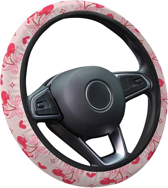 Pink Cartoon Mouse Steering Wheel Cover, Non Slip Polyester Car Wheel Protector for Car SUV Truck, Universal 15 Inch