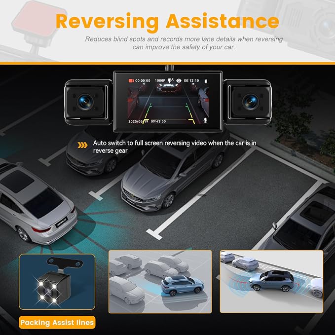 Dash Cam 3 Inch 1080P 4 Channel Dash Camera for Cars with Driving Loop Recording, Exposure Compensation, Motion Detection, Reverse Help, 360 Degree Protection