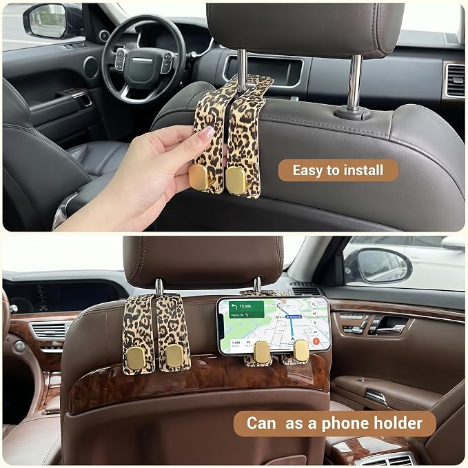 2 Pack Leopard Print Headrest Hooks, Heavy Duty Purse Hook Holder Universal Leopard Vehicle Storage Organizer for Purses Bags Accessories
