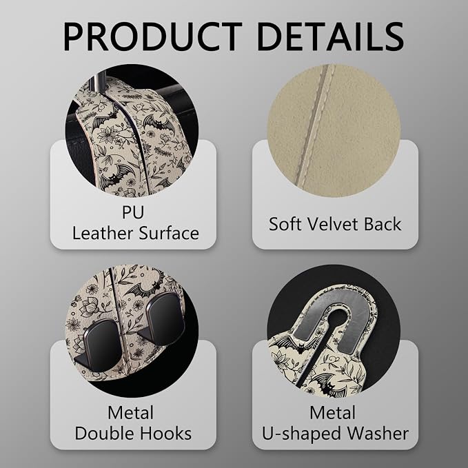2PCS Car Hooks for Purses and Bags, Goth Gothic Seat Back Storage Headrest Holder Hanger PU Leather Double Metal Hook for Backseat Organizer, Women Car Accessories Organization
