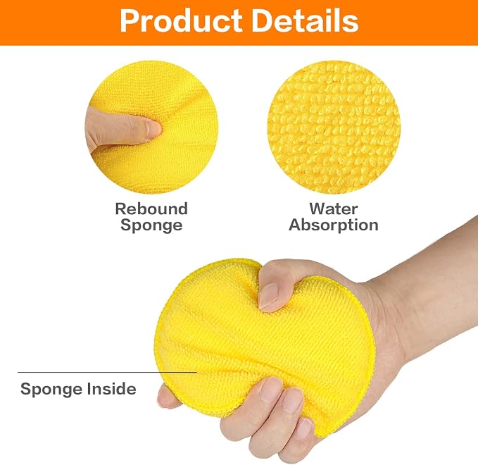 Microfiber Wax Applicator Pads, Car Wax Applicator, Buffing & Detail Polishing Foam Pads for Car Cleaning and Fine Polishing (5" Diameter, 6 Pack) - Yellow