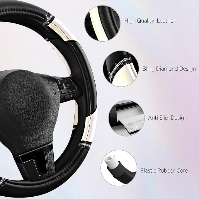 Leather Steering Wheel Cover - Made with PVC Leather - Anti-Slip, Universal Fit 14 1/2 inches to 15 inches - White