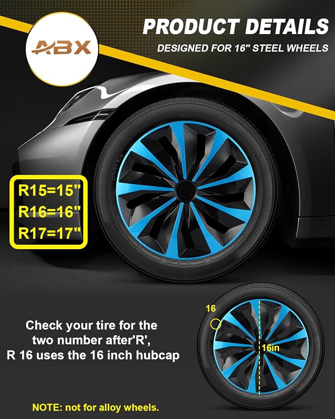Hubcaps,16 inch hubcaps Set of 4, Wheel Rim Cover ABS Material, Snap On Car Truck SUV Replacement, for Toyota Camry Nissan Mazda etc, Black & Blue
