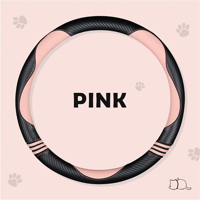Car Steering Wheel Covers for Women Padded Carbon Fiber PU Leather Cute Auto Interior Accessories for Vehicle, Sedan, Universal, Anti Slip, Pink, Standard Size, 14.75-15.15in