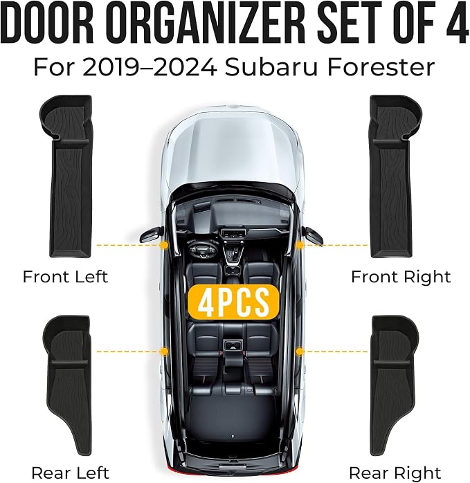 Car Door Storage Box for 2019-2024 Subaru Forester Accessories, Front & Rear Door Side Pocket Organizer with Car Cup Holder Insert, Non-Slip Waterproof Door Slot Protective Pad, 4 Pack