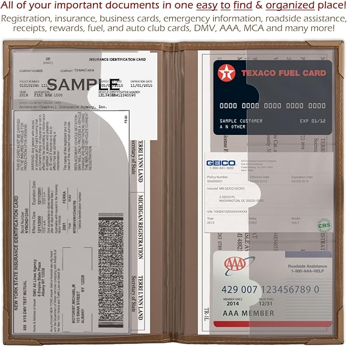 Registration and Insurance Card Holder - Car Organizer - Brown | Vehicle Glove Box Document Organizer, Auto Essential Paperwork Holder for Contact Information Cards, Interior Car Accessories
