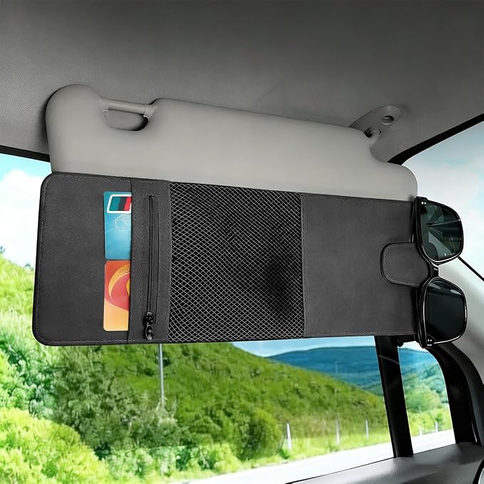 Car Sun Visor Extender Organizer, Visor Sun Blocker Extension with Magnetic Sunglasses Holder & Ticket Pouch, Multifunctional Auto Sunshade Storage Holder, Universal for Vehicles (Dark Gray)