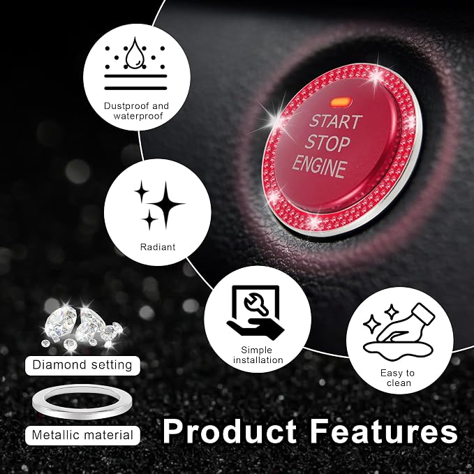 2 PCS Crystal Double Rhinestone Car Engine Start Stop Decoration Ring, Bling Car Interior Accessories for Women, Push to Start Button Cover Sticker, Automotive Decals, Red