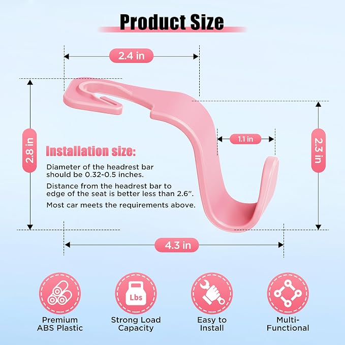 Car Seat Headrest Hook 4 Pack Hanger Storage Organizer Universal for Handbag Purse Coat Universal fit Vehicle Car Pink with Clip