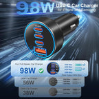 USB-C Car Charger, 2 Pack 4-Port 98W Car Charger USB C Fast Charger,3 USB-C & USB-A Car Cigarette Lighter USB Charger Fast Charging for iPhone 17/16/15/14 Series,iPad Pro,Galaxy S26/S25 Ultra,Pixel
