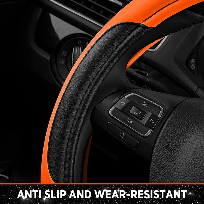 Leather Steering Wheel Cover - Made with PVC Leather - Anti-Slip, Universal Fit 14 1/2 inches to 15 inches - Orange